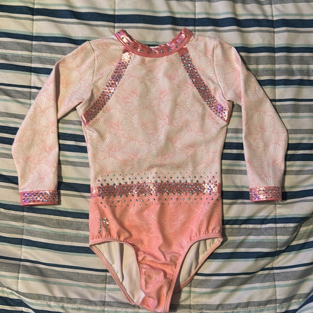 NEW SYLVIA P Coral and White Long Sleeve Crystal Embellished leotard CHILD 6